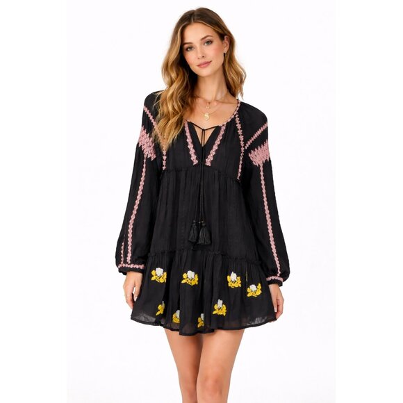 Free People Black Boho Embroidered Tunic Mini Dress Long Sleeve Size L - Picture 13 of 13